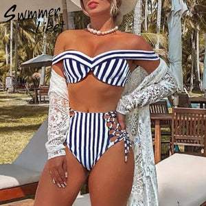 Striped swimsuit women High waist bikini