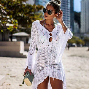 Crochet White Knitted Beach Cover up dress Tunic Long Pareos Bikinis
