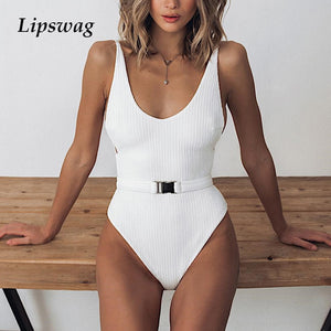 2019 Sexy Solid Sashes One Piece swimsuit