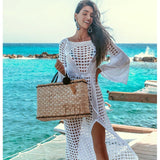 Crochet White Knitted Beach Cover up dress Tunic Long Pareos Bikinis