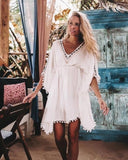 Crochet White Knitted Beach Cover up dress Tunic Long Pareos Bikinis